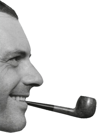 Side image of Bennett Cerf with a pipe in his mouth and smiling.
